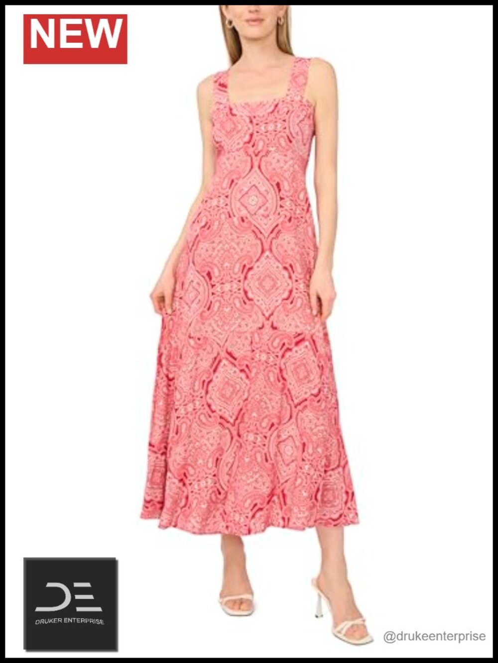 Sleeveless Thick Strap Maxi Dress Fit & Flare Geometric Print